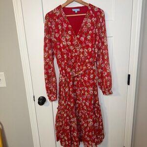 Draper James RSVP Red Floral Long Sleeve Dress Medium Flowy Spring